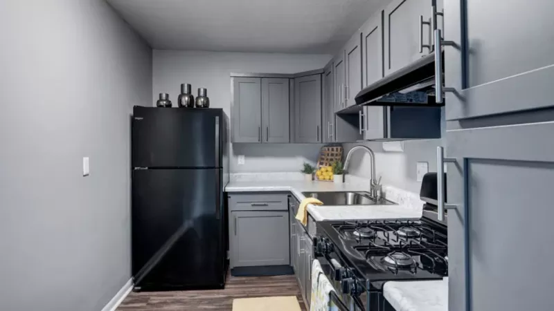 A modern kitchen with gray cabinets, a black refrigerator, and a gas stove, complemented by a marble-style countertop.