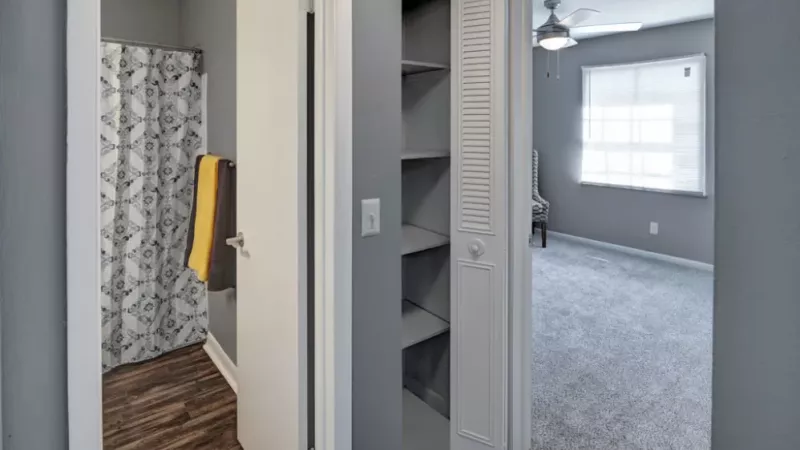 A hallway view showcasing a bathroom with a patterned shower curtain and a bedroom with natural light streaming through the window.