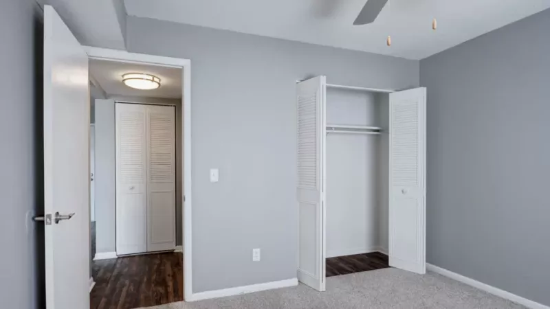 A minimalist bedroom with gray walls, an open closet, and carpet flooring.