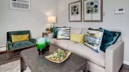 A cozy living room featuring a beige couch, colorful pillows, and vibrant green accents.