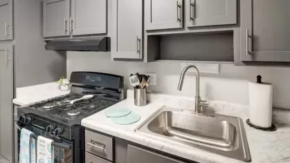 A compact kitchen with gray cabinetry, a gas stove, and a stainless steel sink.