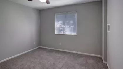 An empty bedroom with a soft gray wall, carpeted floor, and a ceiling fan.