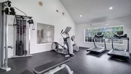 Well-equipped fitness center with modern cardio machines and weightlifting equipment in a bright space.