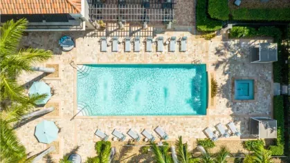 An aerial view of a resort-style pool area surrounded by lounge chairs, palm trees, and umbrellas.