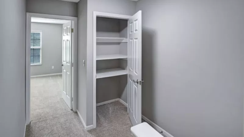 A hallway with a built-in open shelving unit for storage and carpeted flooring leading to another room.