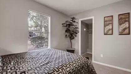 A cozy bedroom with a walk-in closet, a patterned bedspread, and wall-mounted decor.