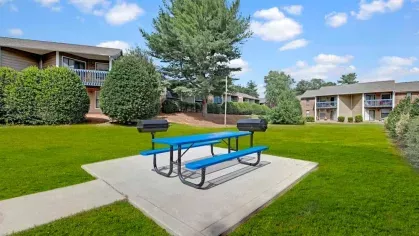 A barbecue area with a blue picnic table on a concrete slab, set amidst a well-manicured lawn and residential buildings.