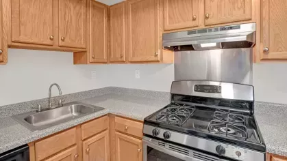 A closer look at a sleek gas stove with a bright, clean kitchen counter and ample cabinet space.