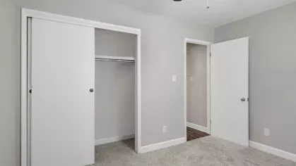 A second bedroom view with a ceiling fan, white closet door, and gray carpeted flooring, showcasing clean lines and natural light.