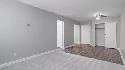 A modern living area with a mix of carpet and wood flooring, featuring a built-in closet and fan light fixture.
