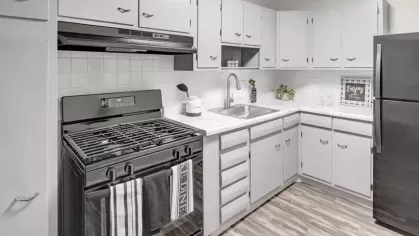 A stylish kitchen with white cabinets, a black stove, and modern decor in a bright setting.