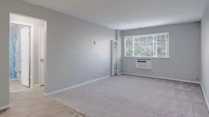A cozy living space with a large window and gray carpeted flooring, adjacent to a hallway leading to the bathroom.