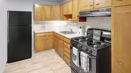 A compact kitchen with wooden cabinets, a black refrigerator, and a gas stove, featuring a light wood-style floor.