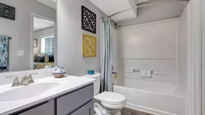 A modern bathroom with a white sink vanity, gray cabinetry, and a bathtub with a shower curtain. The space features decorative wall art and a mirror.