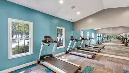 Fitness room with bright blue walls, mirrors, and treadmills lined up next to windows offering natural light and outside views.