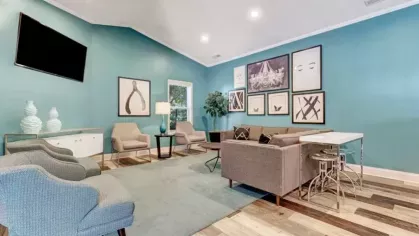 Community clubroom with a seating area, wall-mounted TV, modern artwork, and a turquoise accent wall.