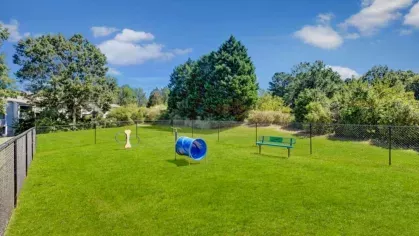 A spacious fenced dog park features agility equipment, benches, and lush grass for pets to roam and play.