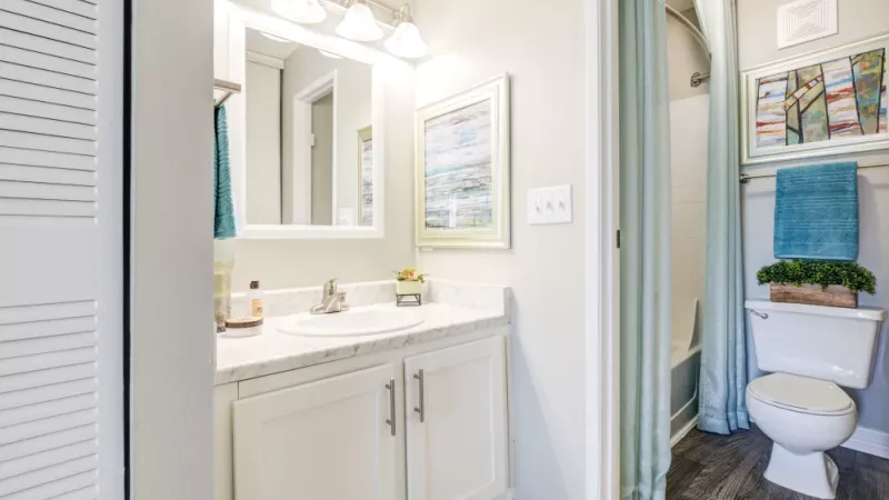 A bathroom featuring elegant decor, a framed mirror, and a bathtub with light blue curtains.