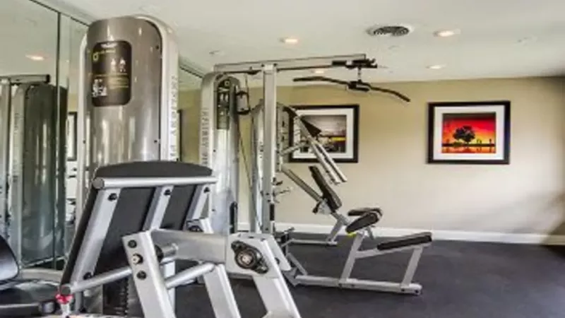 A gym equipped with advanced weight training machines and vibrant framed artwork on the walls.