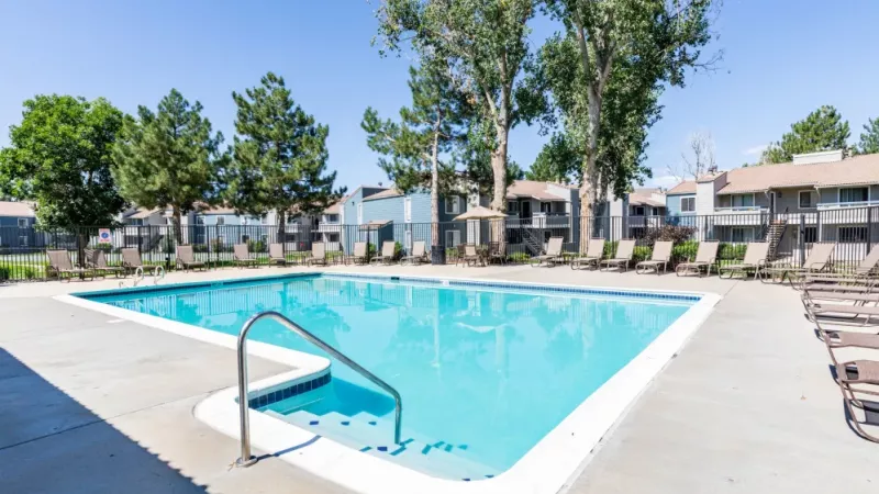 A sparkling outdoor swimming pool surrounded by lounge chairs and trees.