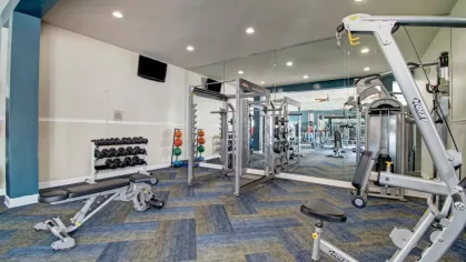 A gym with free weights, weight machines, and large mirrors lining the walls for a spacious feel.