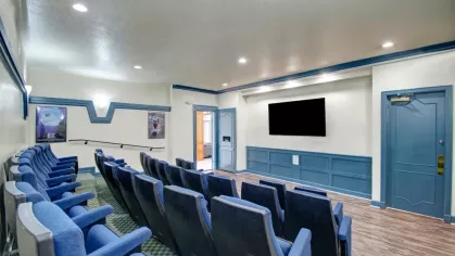 A small private theater with rows of blue chairs facing a large flat-screen TV and movie posters on the walls.
