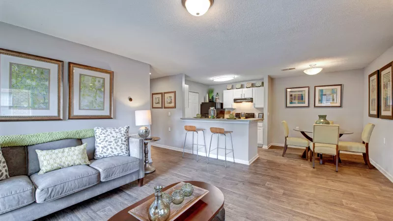A well-lit living room with a gray sofa, stylish pillows, and wall art, connected to the kitchen and dining area.