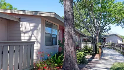 Image 5: A scenic view of an apartment complex with a walkway leading up to individual units, surrounded by tall trees and lush greenery.