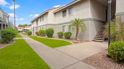 A serene walking path lined with palm trees and greenery, creating a peaceful outdoor space for residents to enjoy at 505 West apartments.