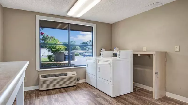 A well-lit laundry room with large windows, providing a view of the greenery outside and equipped with efficient laundry machines.