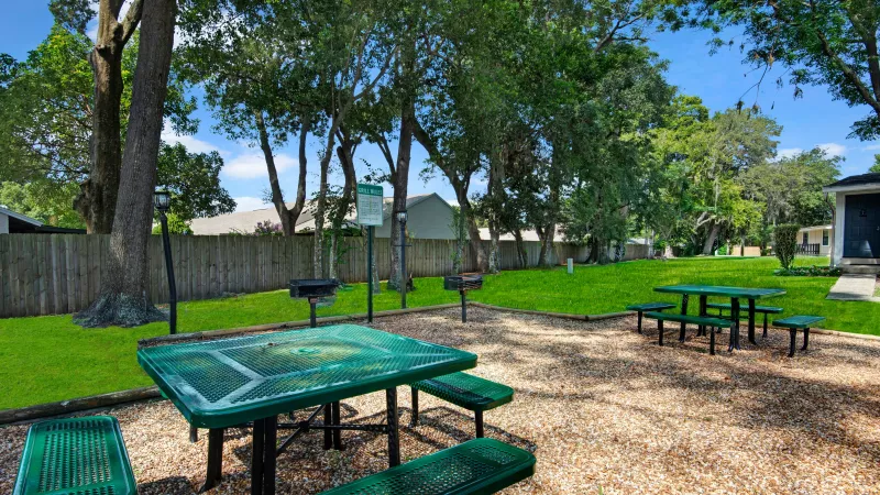Outdoor picnic area with green tables and barbecue grills amidst trees.