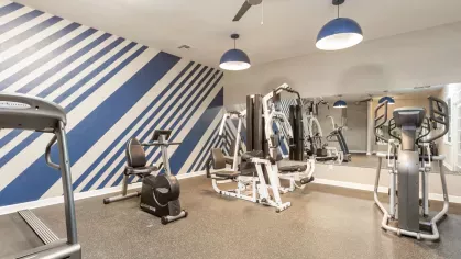 A state-of-the-art fitness center with modern equipment, vibrant wall design, and ceiling fans for a comfortable workout experience.