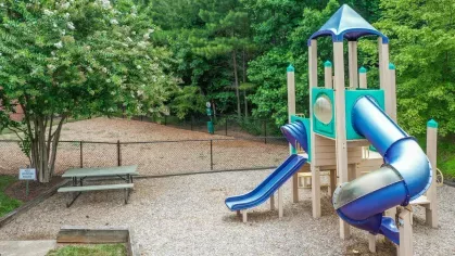 A colorful children's play area with a blue slide, climbing equipment, and natural greenery providing a serene environment.
