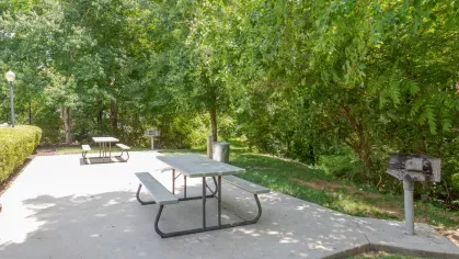 An outdoor picnic area at Heritage Apartments with picnic tables, a grill station, and lush greenery in the background for a peaceful retreat.