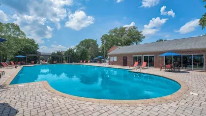 Image showing the spacious outdoor swimming pool at Maple Bay Apartments in Virginia Beach, Virginia, with lounge chairs and umbrellas for a relaxing atmosphere.