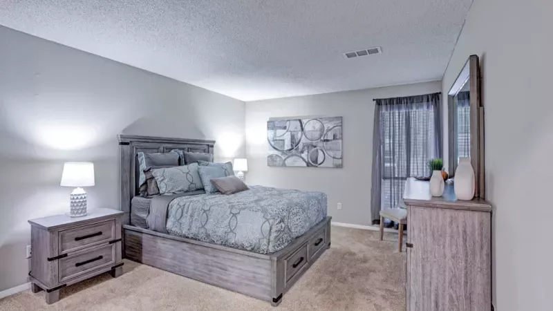 Cozy bedroom featuring plush carpeting, stylish furniture, and soft lighting.