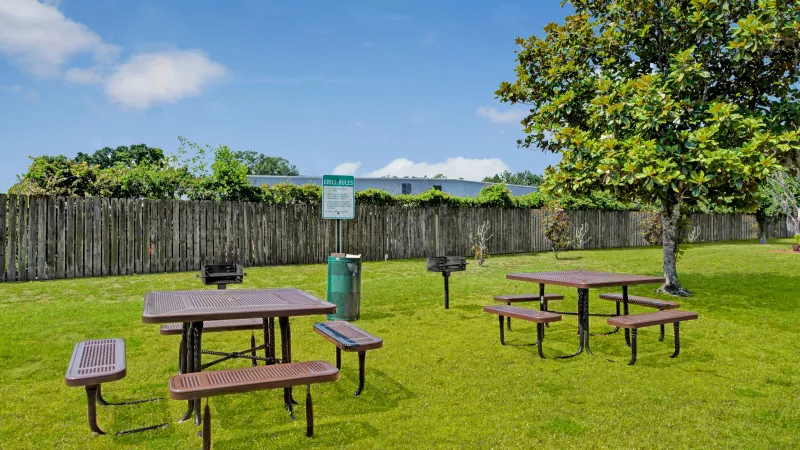 A picnic area with multiple tables and grills surrounded by a wooden fence and greenery.