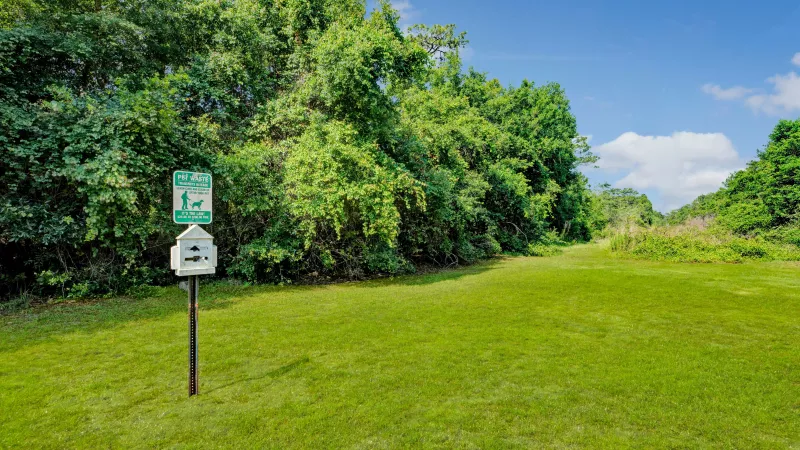 A grassy area with a pet waste station and a backdrop of dense trees.