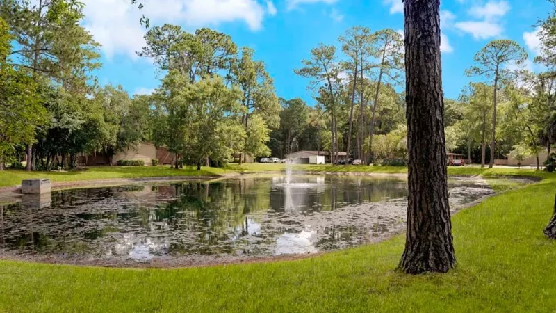 A tranquil pond with a fountain, surrounded by trees and residential buildings.