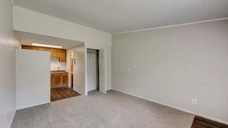 A spacious living area with carpeted flooring and a partial view of the kitchen.