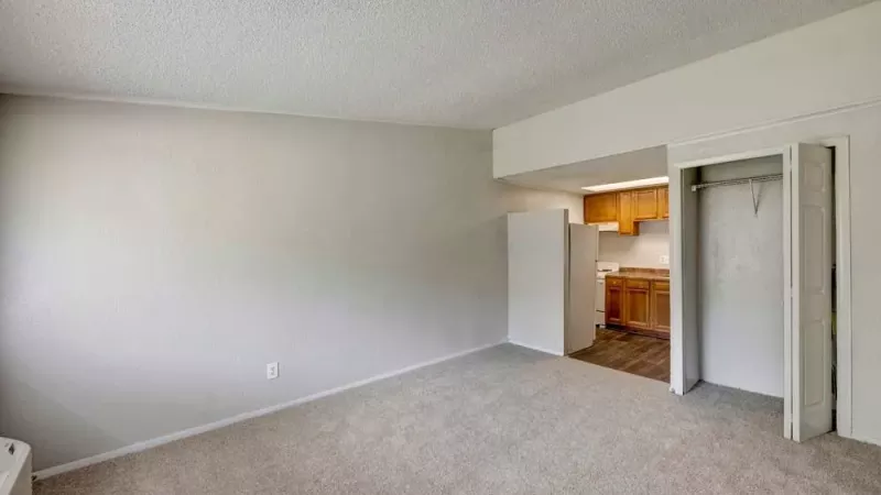 A reverse angle of the living area showing a closet and the kitchen's white refrigerator.