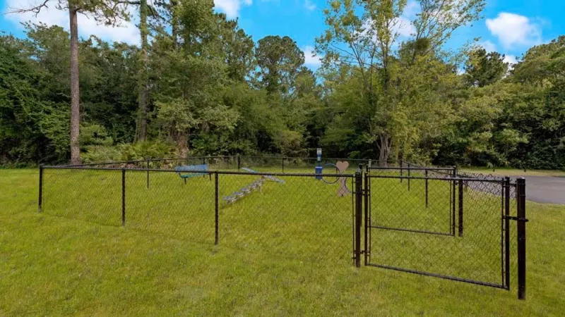 A fenced dog park with grassy areas and trees, designed for pet exercise and play.