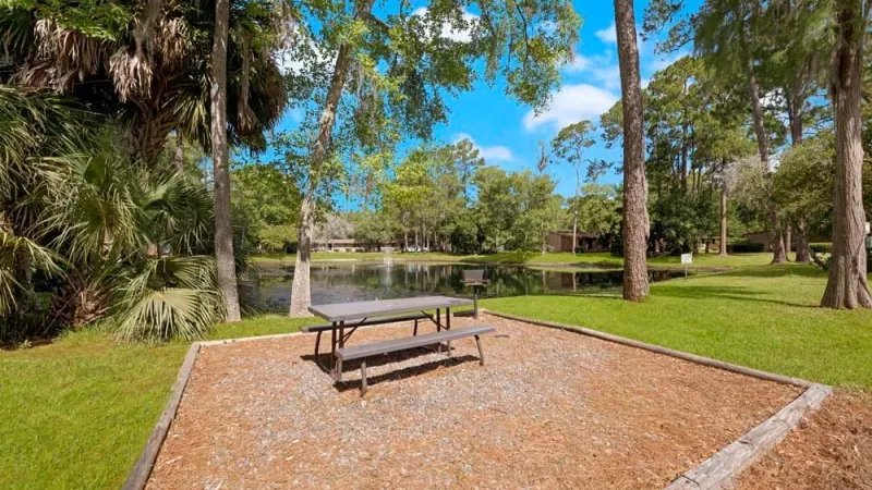 A serene picnic area surrounded by trees, overlooking a pond.