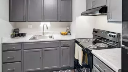 Another angle of a modern kitchen featuring gray cabinetry, a stove, and a tiled backsplash.