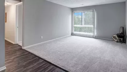 Spacious living room with carpet flooring, a large window, and neutral walls.