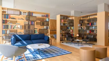 A vibrant library space with wooden bookshelves, colorful books, plush seating, and abundant natural light, perfect for relaxing or studying.