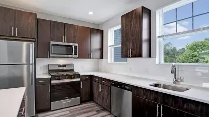 A modern kitchen with stainless steel appliances, dark wooden cabinets, and large windows providing natural light at The Grove Somerset Apartments.