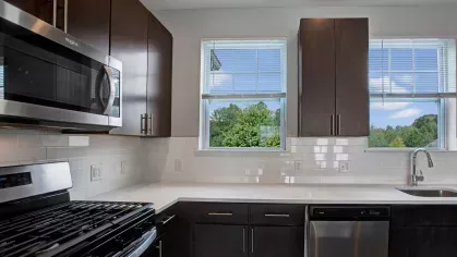 A modern kitchen with stainless steel appliances, dark wooden cabinets, and large windows providing natural light at The Grove Somerset Apartments.