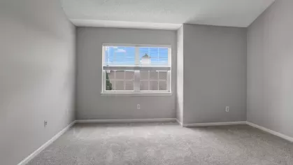 A bright bedroom with carpet flooring, a single window, and neutral walls.