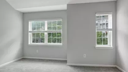 A bedroom with two large windows bringing in natural light, featuring gray carpet and white trim.
